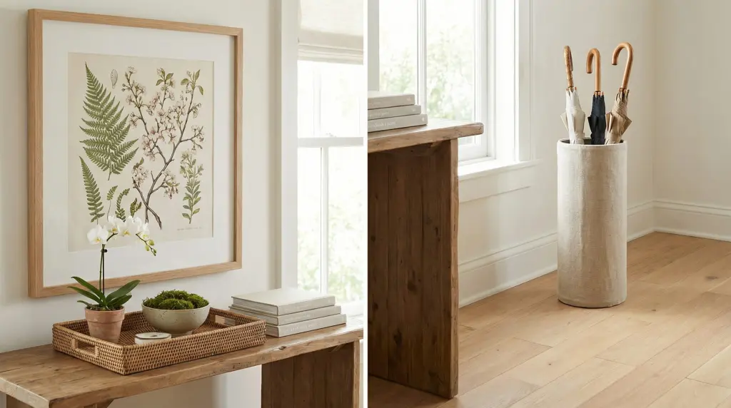 Spring entryway decor ideas with large botanical wall art, wicker tray on console and potted white orchid