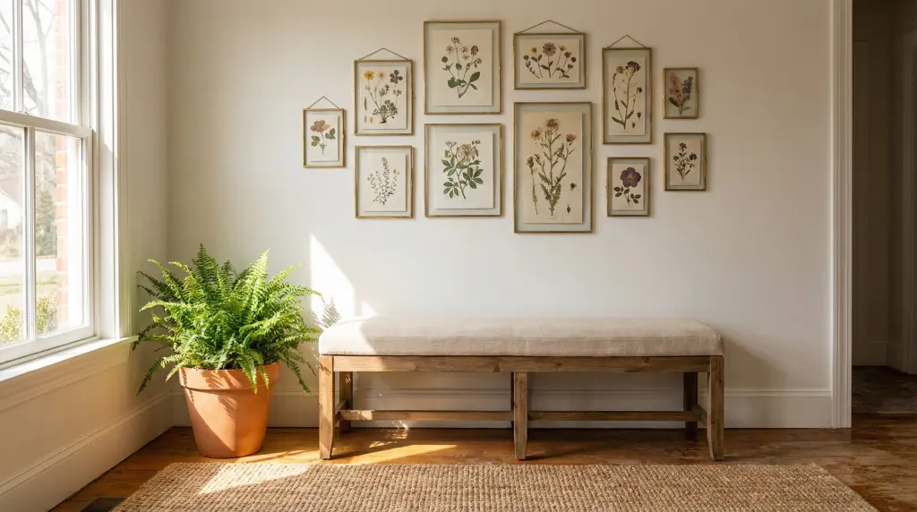 Spring entryway gallery wall with botanical prints in brass frames above a linen bench and potted fern