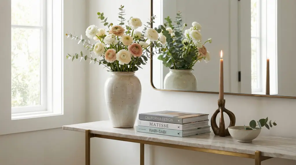 Spring entryway console table vignette with ranunculus vase, art books and sculptural candle holder