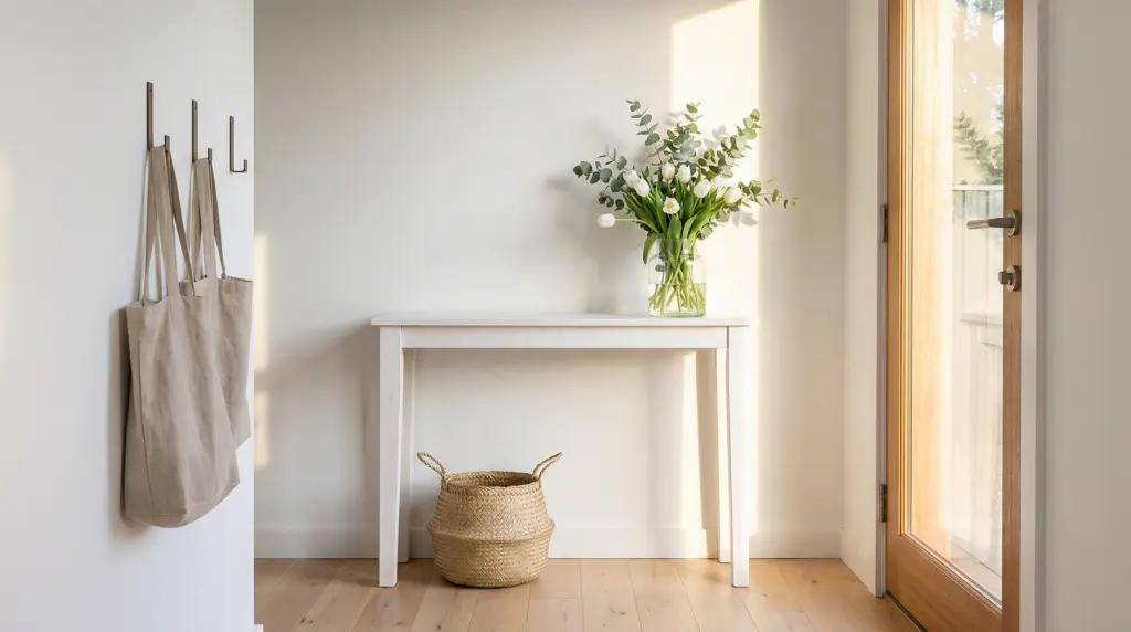 Spring entryway decor ideas — white console table with tulips, woven basket and wall hooks in a bright minimal foyer