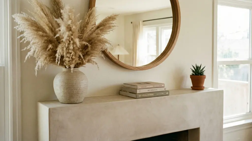 Asymmetric spring mantel with large ceramic vase of pampas grass, art books and round wood-framed mirror above