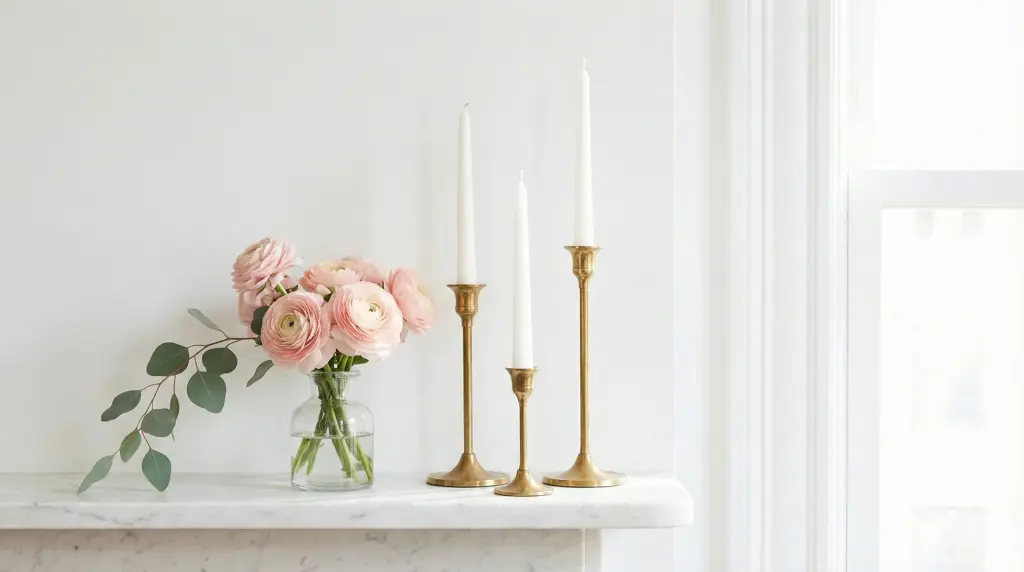 Spring mantel with three white taper candles in brass holders and blush ranunculus in glass vase with eucalyptus