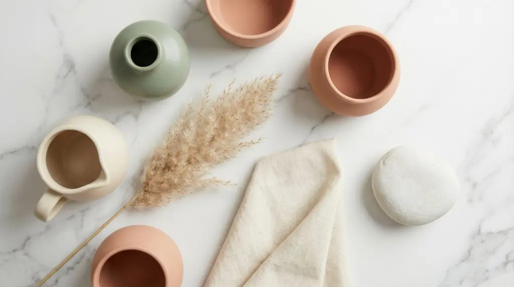 Spring mantel decor color palette — sage green, cream, white and soft terracotta ceramics with eucalyptus and linen