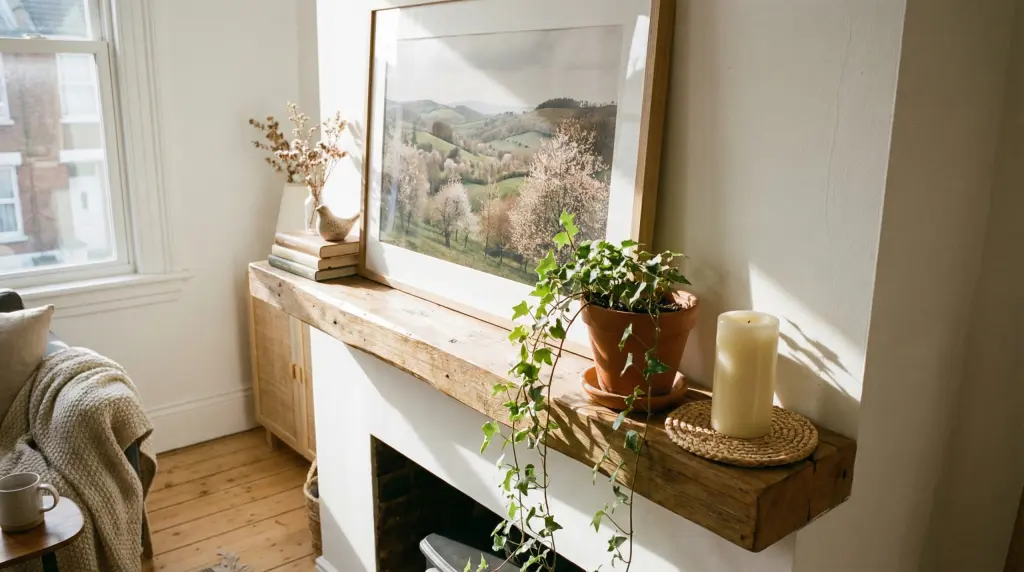 Spring mantel styled with landscape art print leaning against wall, terracotta pot with ivy and cream pillar candle