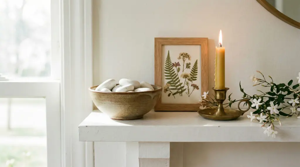 Spring mantel vignette — ceramic bowl with white stones, framed botanical print, brass taper holder and jasmine sprig