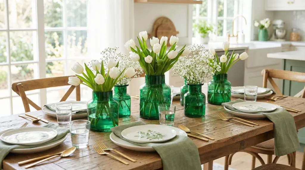 Spring tablescape with emerald glass vases, white tulips and sage green linen napkins on wood table