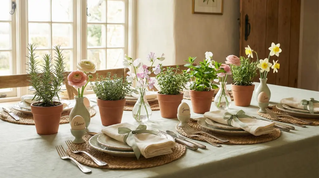 Easter spring tablescape 2026 — sage green and cream tones with herb pots, ceramic egg holders, and bud vases of spring flowers