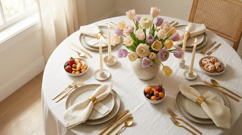 Spring tablescaping ideas 2026 — elegant round dining table with pastel tulips, gold flatware, ivory candles, and linen napkins