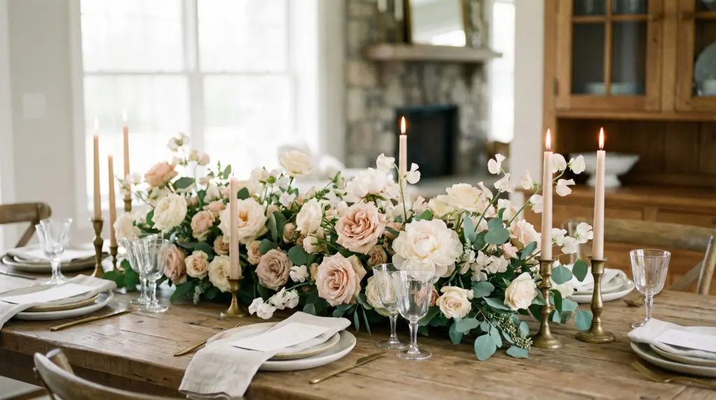 Spring tablescape floral centerpiece — low arrangement of peonies, garden roses, and eucalyptus with brass taper candles