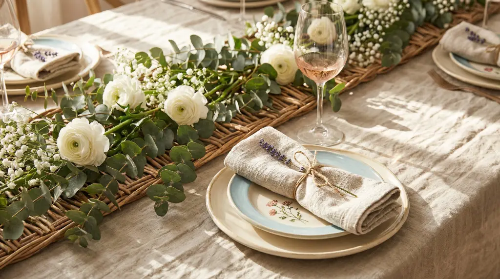 Spring tablescape foundation — linen tablecloth and eucalyptus runner, the base layer of every great spring tablescaping idea