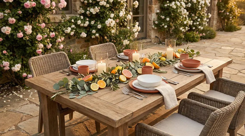 Outdoor spring tablescape on a garden patio — alfresco dining with climbing roses, terracotta dinnerware, and citrus decor