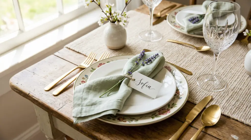 Spring tablescape place setting detail — layered charger and plate, linen napkin with lavender sprig, gold flatware and crystal wine glass