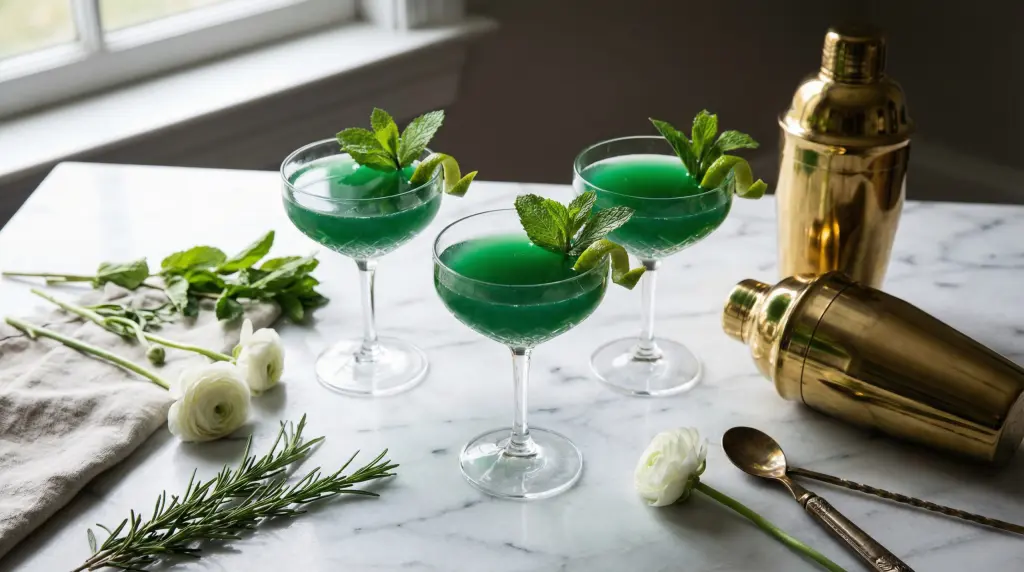 St. Patrick's Day 2026 cocktail recipes flat lay with emerald green drinks, mint and gold bar tools on marble