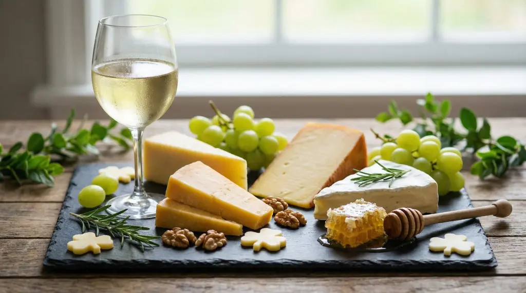 St. Patrick's Day 2026 wine and cheese pairing board with white wine, Irish cheddar, brie and green grapes