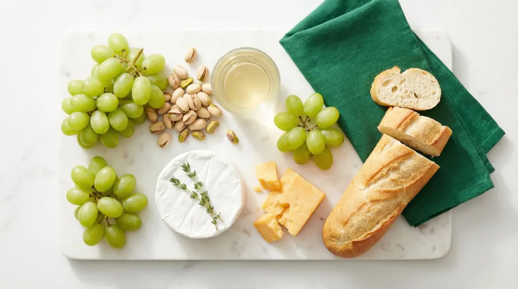 Overhead flat lay of St. Patrick's Day wine and cheese board with green grapes, brie and white wine on marble