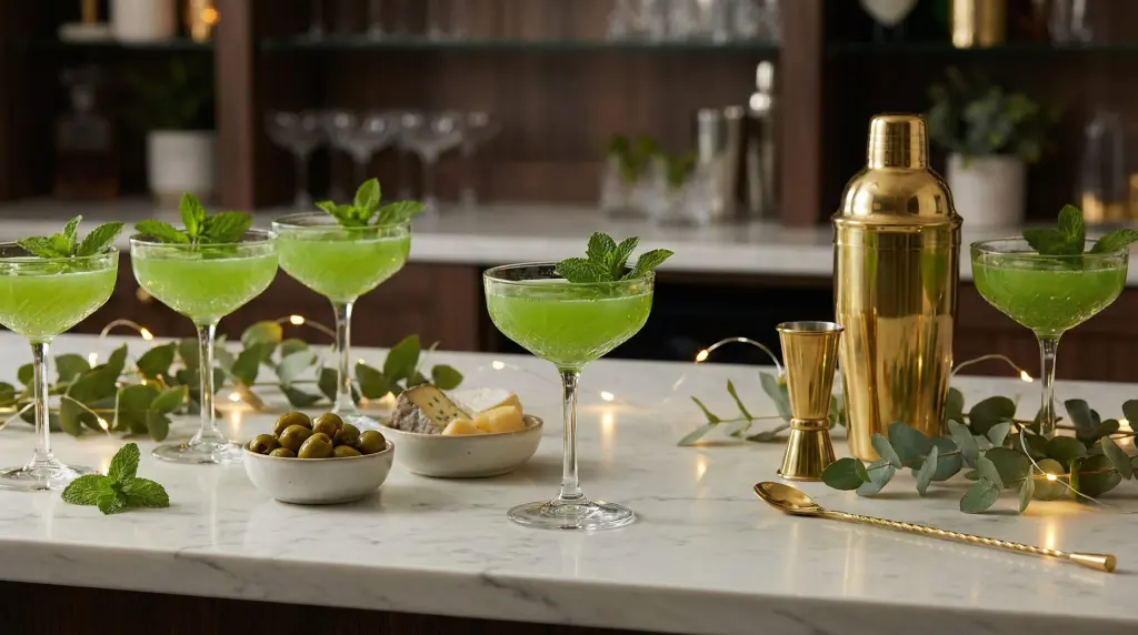 Festive St. Patrick's Day cocktail spread with green drinks crystal coupes and mint garnish on marble counter
