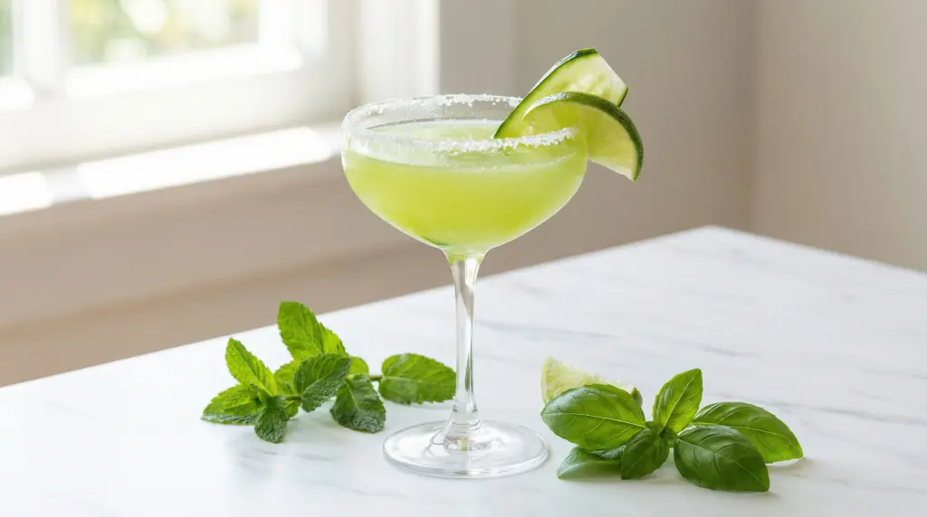 Vibrant green margarita with cucumber ribbon and lime on marble surface for St. Patrick's Day cocktails