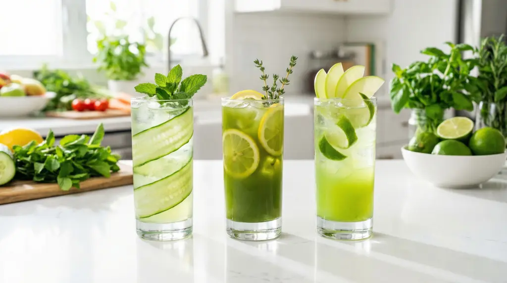 Three green non-alcoholic mocktails for St. Patrick's Day including matcha lemonade and cucumber mint