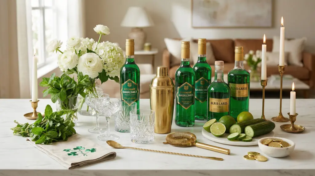 Home cocktail bar setup for St. Patrick's Day with emerald bottles, crystal glasses and gold bar tools