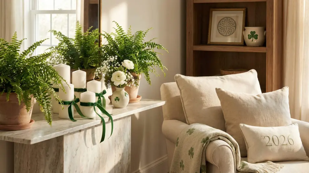 Cozy living room with St. Patrick's Day decor, potted ferns, white candles and green velvet ribbon accents St. Patrick's Day 2026 table setting ideas