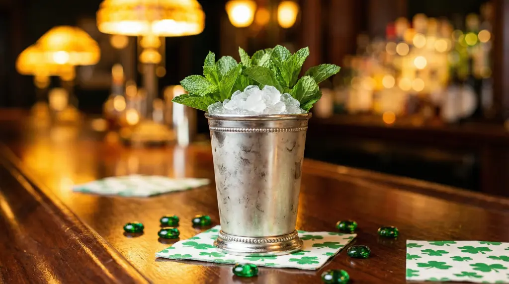 Classic mint julep in silver julep cup with crushed ice and fresh mint for St. Patrick's Day