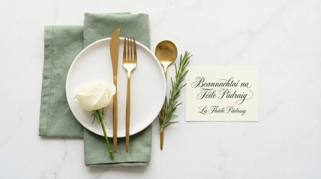 Overhead flat lay of St. Patrick's Day 2026 table setting with green napkin gold cutlery and white rose
