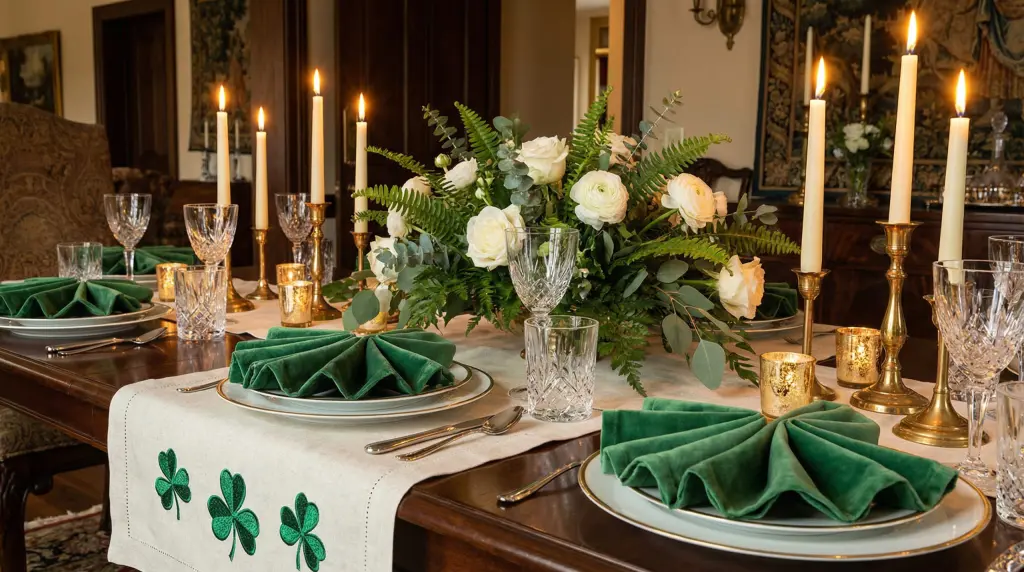 Dining table with green velvet napkins, gold rim plates and crystal wine glasses for St. Patrick's Day