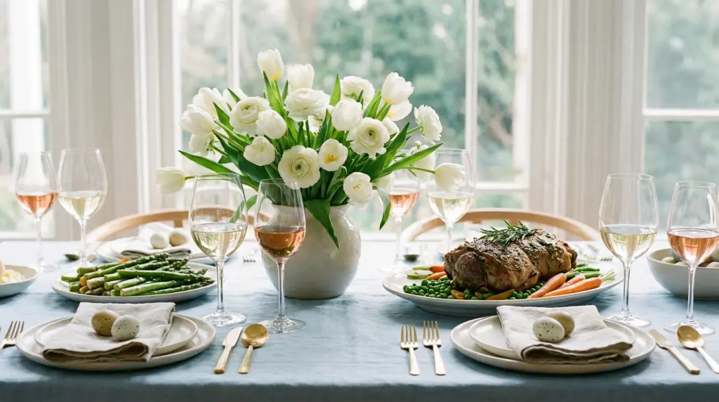 What wine to serve at Easter dinner — elegant spring table with white wine, rosé and lamb