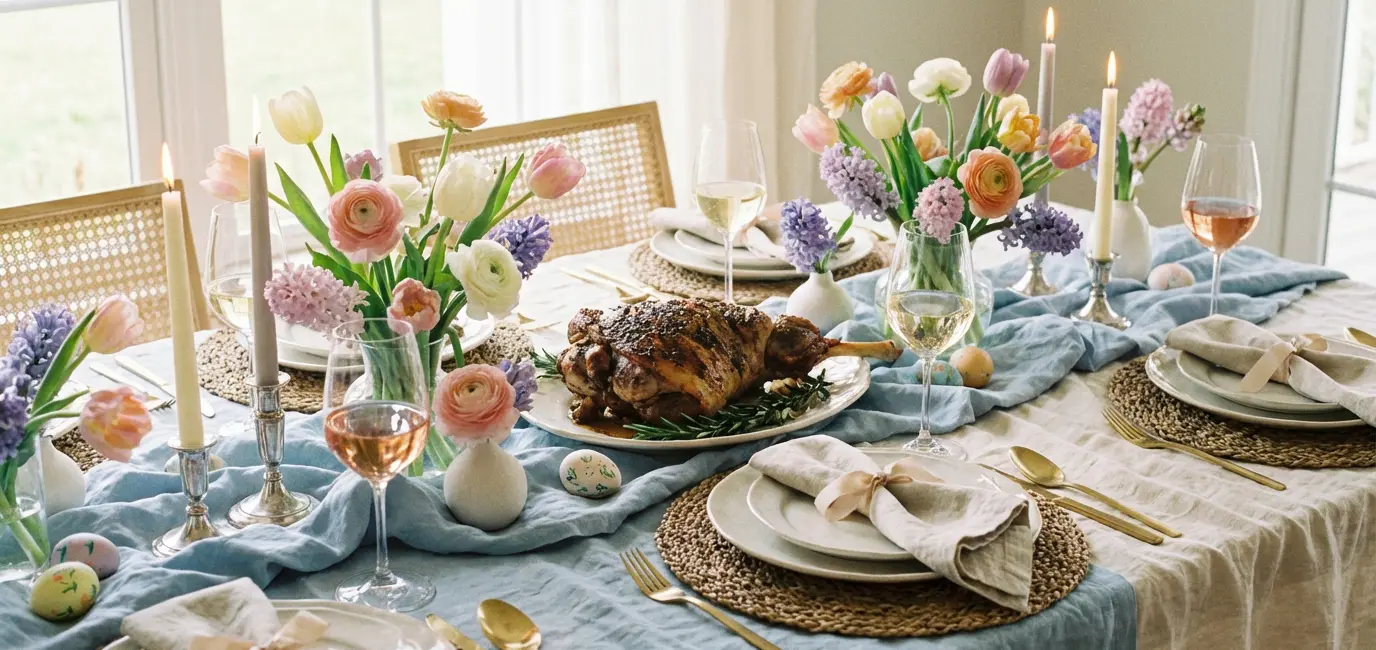 What wine to serve at Easter dinner — elegant spring table with wine glasses, pastel flowers and roast lamb