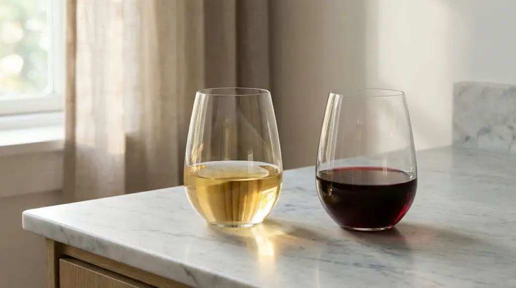 White wine vs red wine — two glasses side by side on marble, pale golden white and deep ruby red