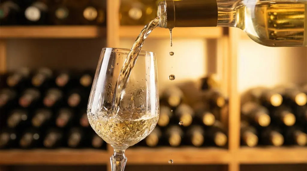 White wine poured into a crystal glass — pale straw color in golden light, white wine vs red wine
