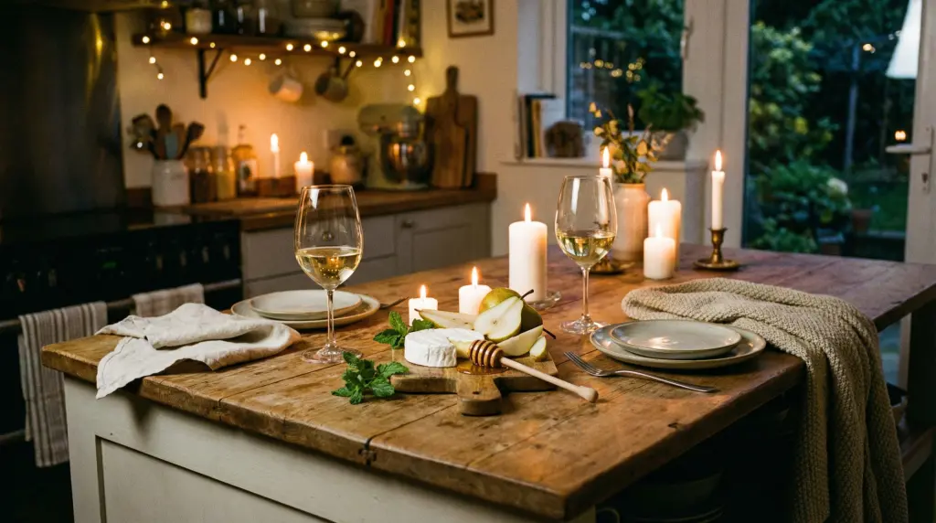 Intimate wine and cheese tasting setup for two with white wine glasses, soft cheese and candles