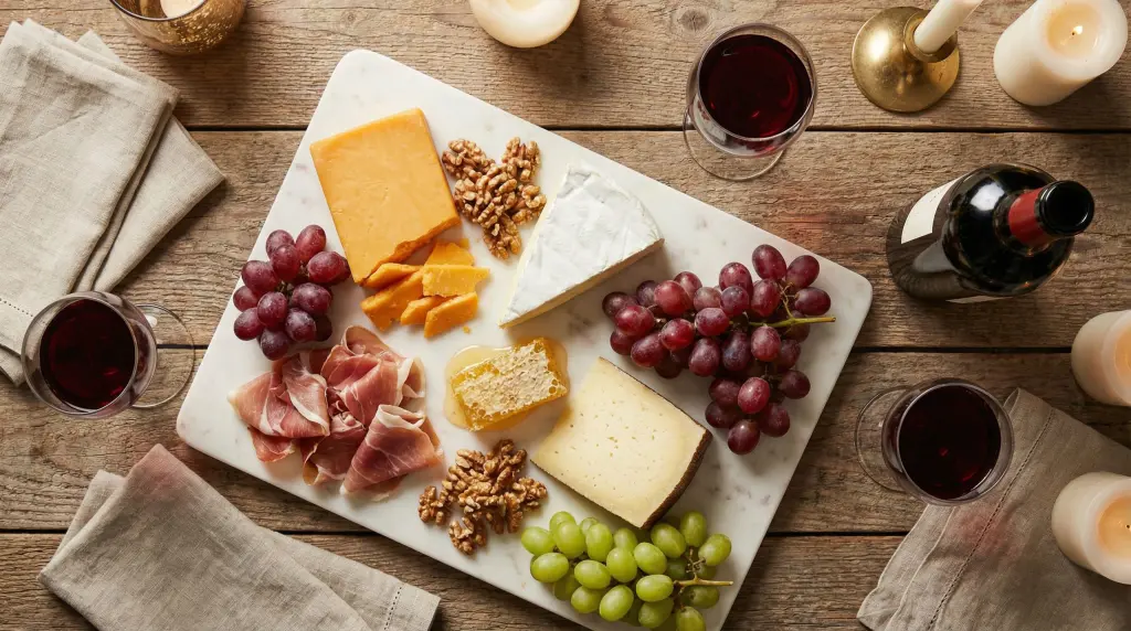 Wine tasting at home cheese and charcuterie board — marble board with aged cheddar, brie, manchego, prosciutto, honeycomb and grapes