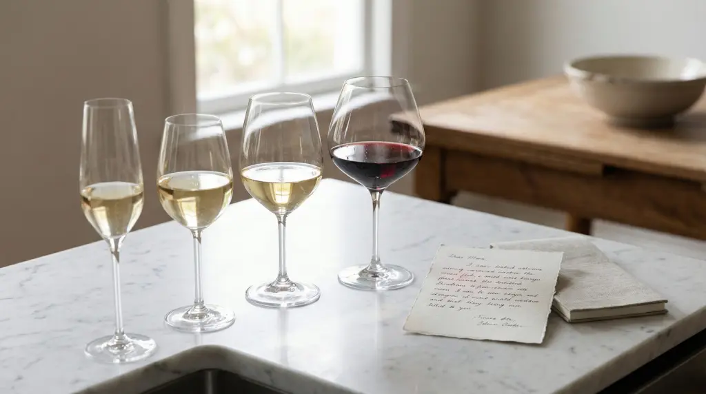 Wine tasting at home flight — four glasses with small pours from pale golden white to deep ruby red on marble with tasting card