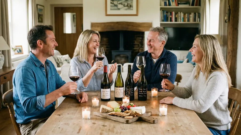 How to host a wine tasting at home — four friends laughing around a candlelit table with wine glasses and cheese board