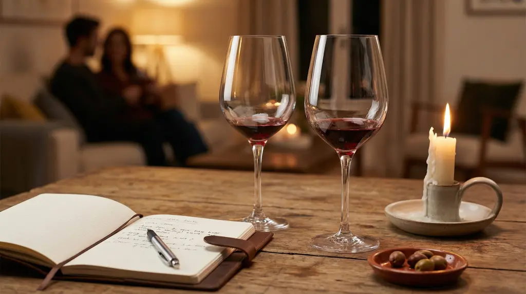 Wine tasting at home close-up — two red wine glasses beside an open notebook with written tasting notes and a burning candle