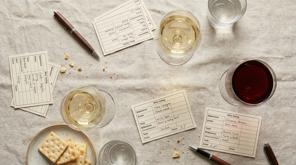 Wine tasting at home supplies flatlay — tasting score cards, white and red wine glasses, pen and palate cleanser crackers on linen