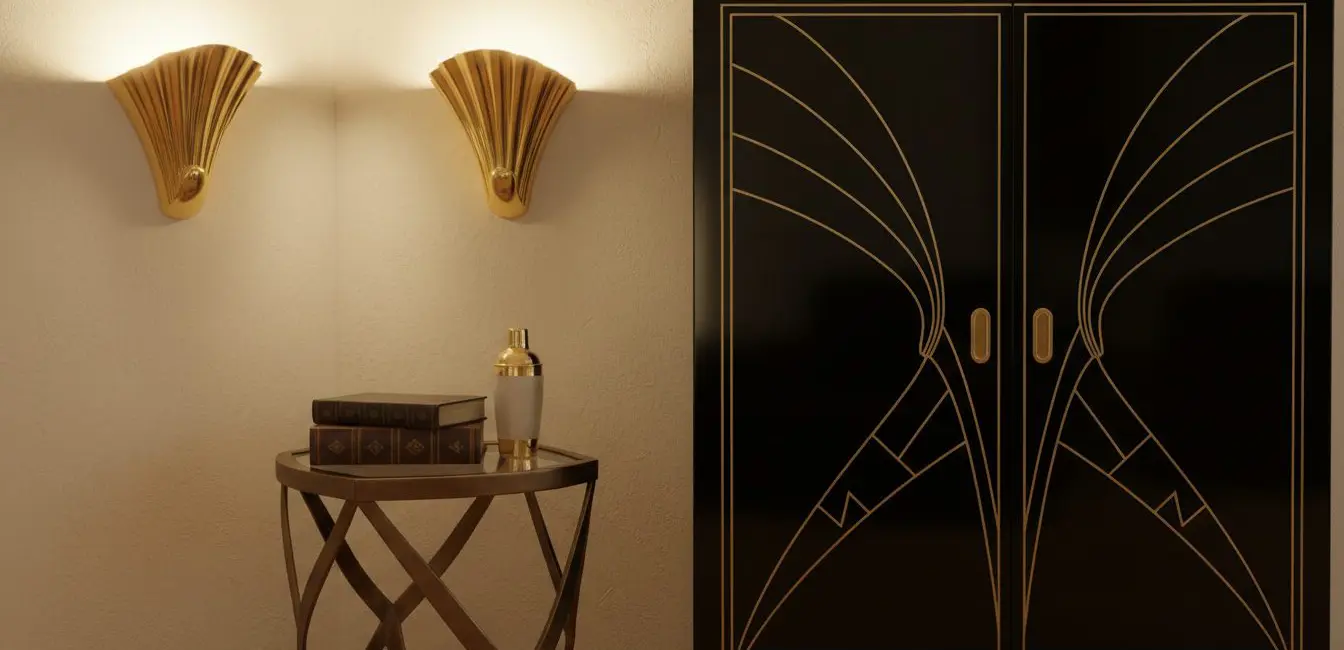 art deco home decor details fan-shaped gold wall sconces geometric bronze side table black lacquer