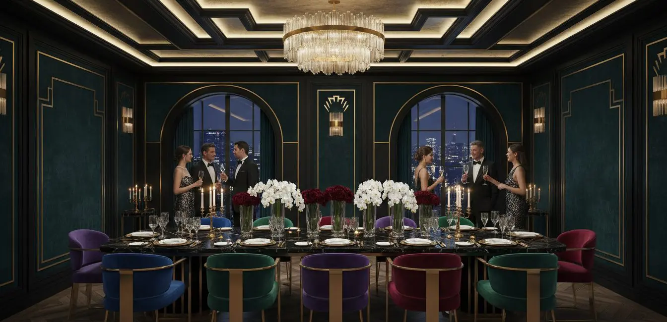 art deco dining room stepped geometric ceiling jewel-toned chairs sunburst chandelier dark dramatic walls