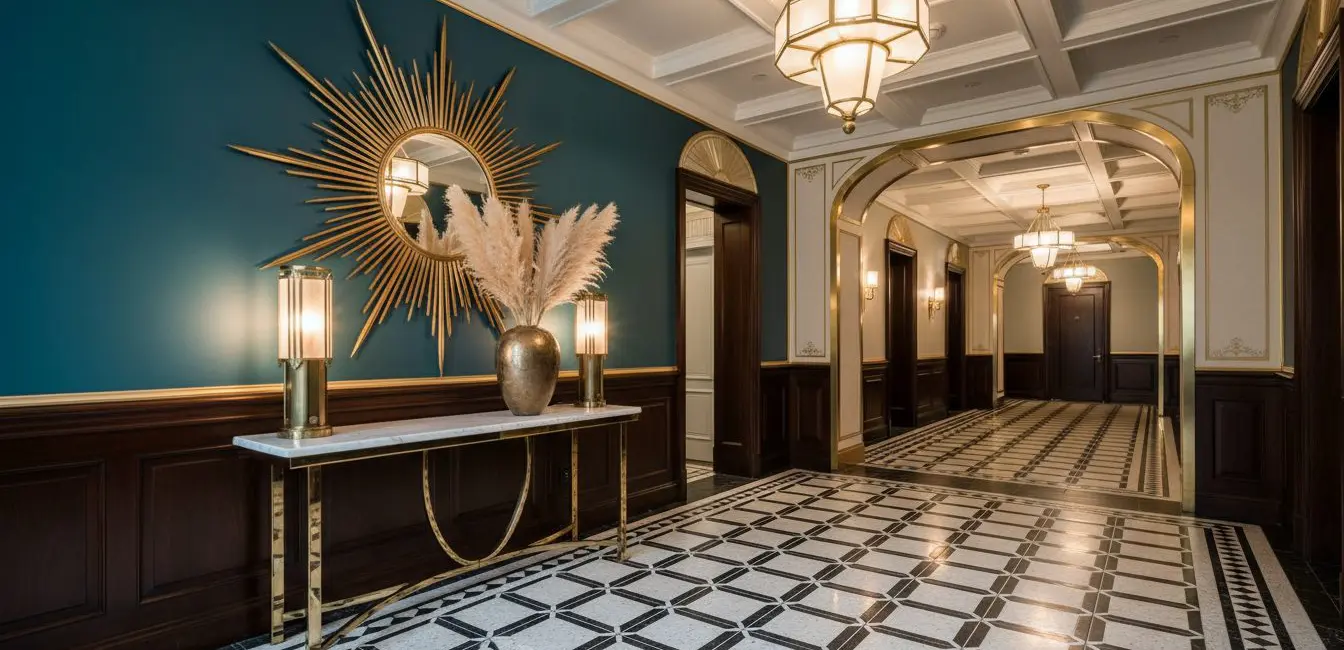 art deco entryway black white geometric floor tiles gold starburst mirror marble console table