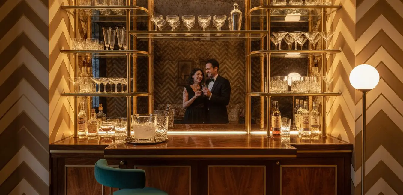 art deco home bar corner gold zigzag wallpaper vintage glassware gatsby glamour ambient lighting