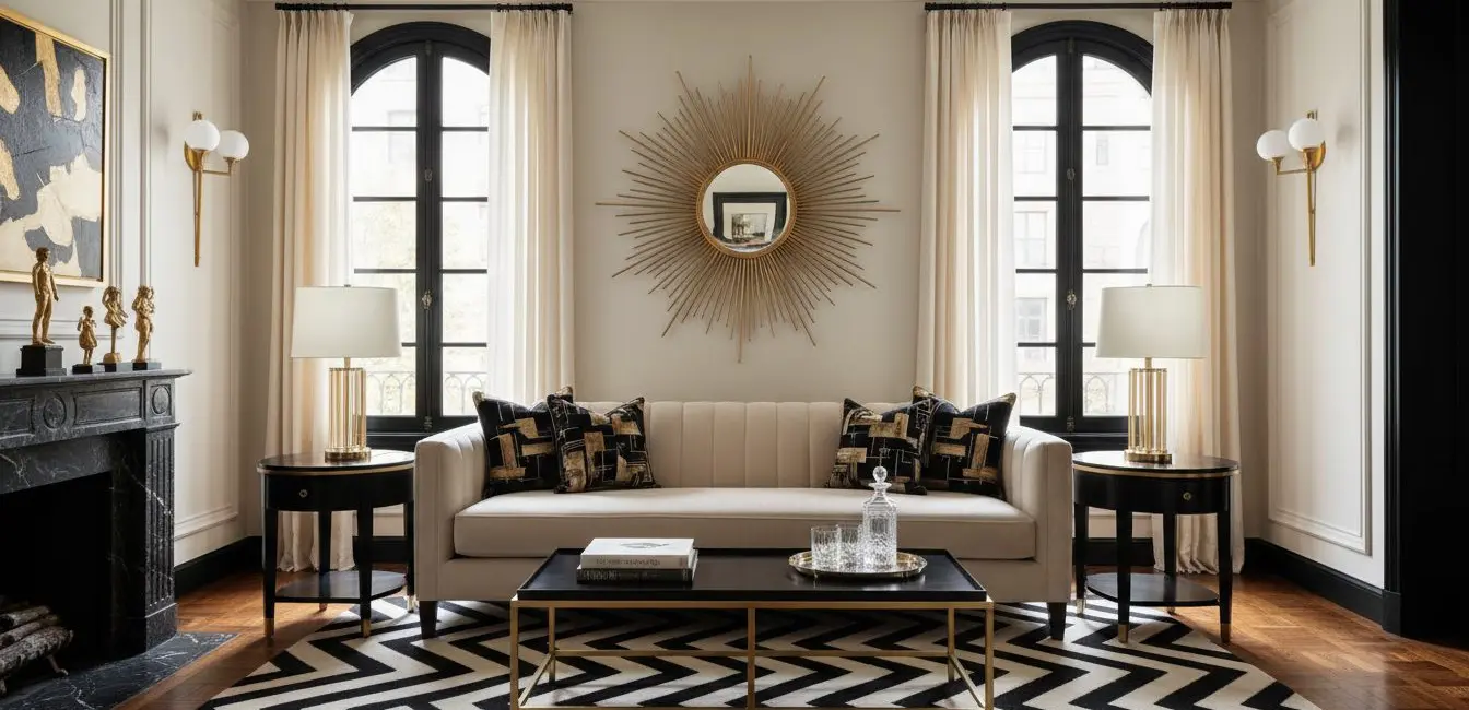 elegant art deco living room with gold geometric accents black cream palette sunburst mirror