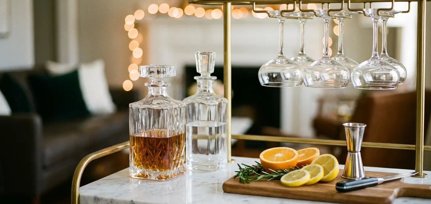 chic home bar cart setup with decanters cocktail glasses and fresh citrus garnishes