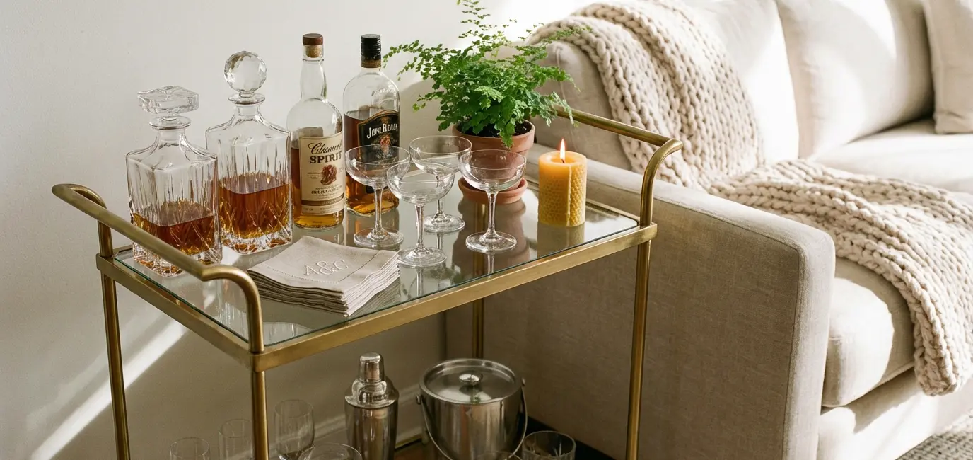styled brass and glass bar cart in living room corner with bottles glassware candle and small potted plant