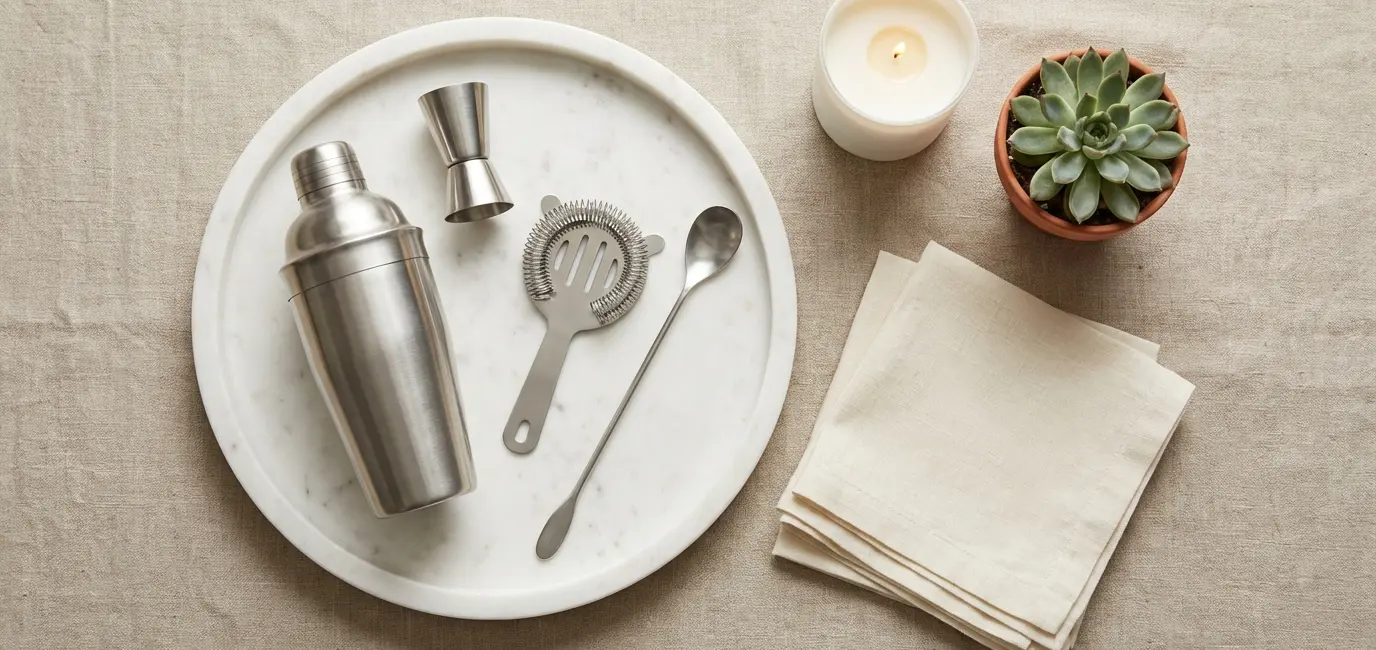 bar cart styling flatlay with cocktail shaker jigger strainer marble tray and linen cocktail napkins