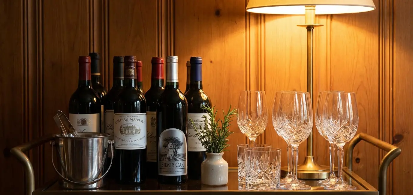 home bar cart wine and spirits section with wine bottles crystal glasses small ice bucket and fresh herb sprigs