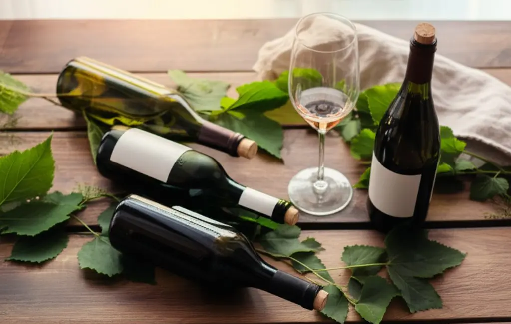 best organic wine brands flat lay with bottles and wine glass on rustic table