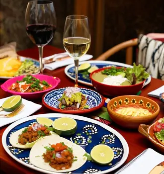 best wines for Mexican food - elegant dinner table with wine and tacos