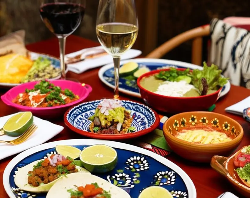 best wines for Mexican food - elegant dinner table with wine and tacos