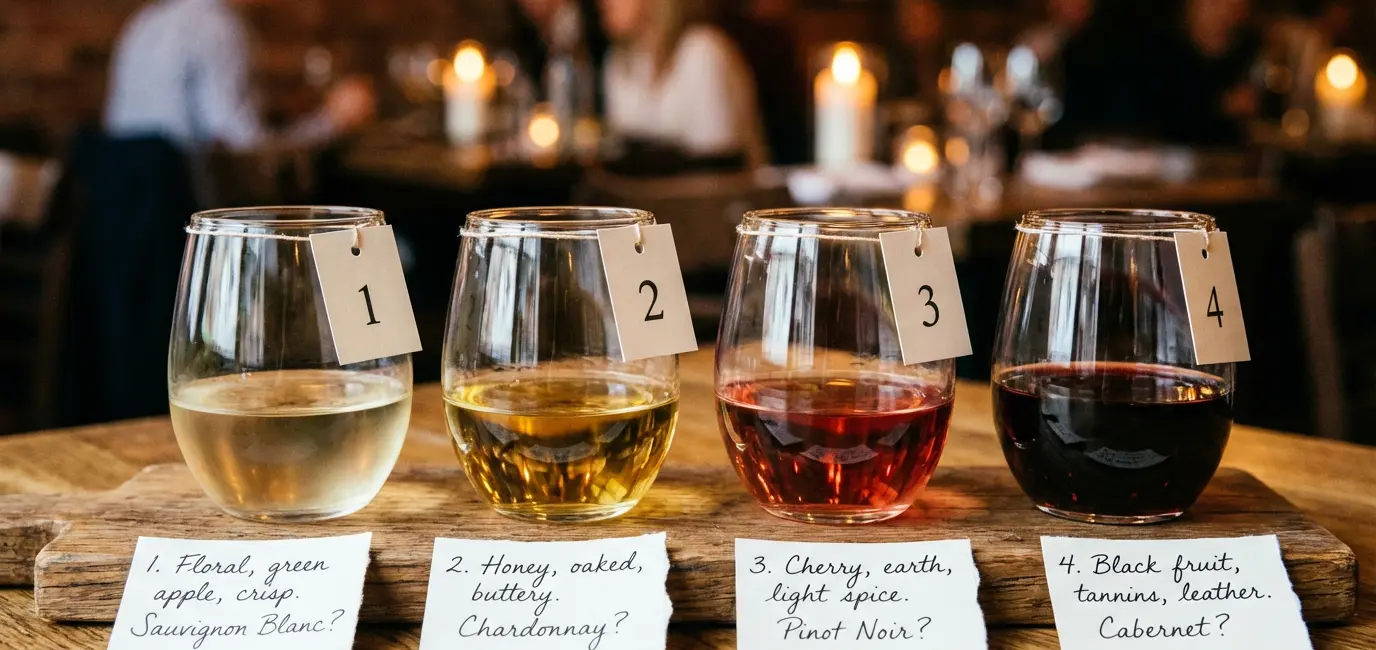 blind wine tasting flight on a wooden board with four glasses ranging white to red numbered cards and handwritten tasting notes